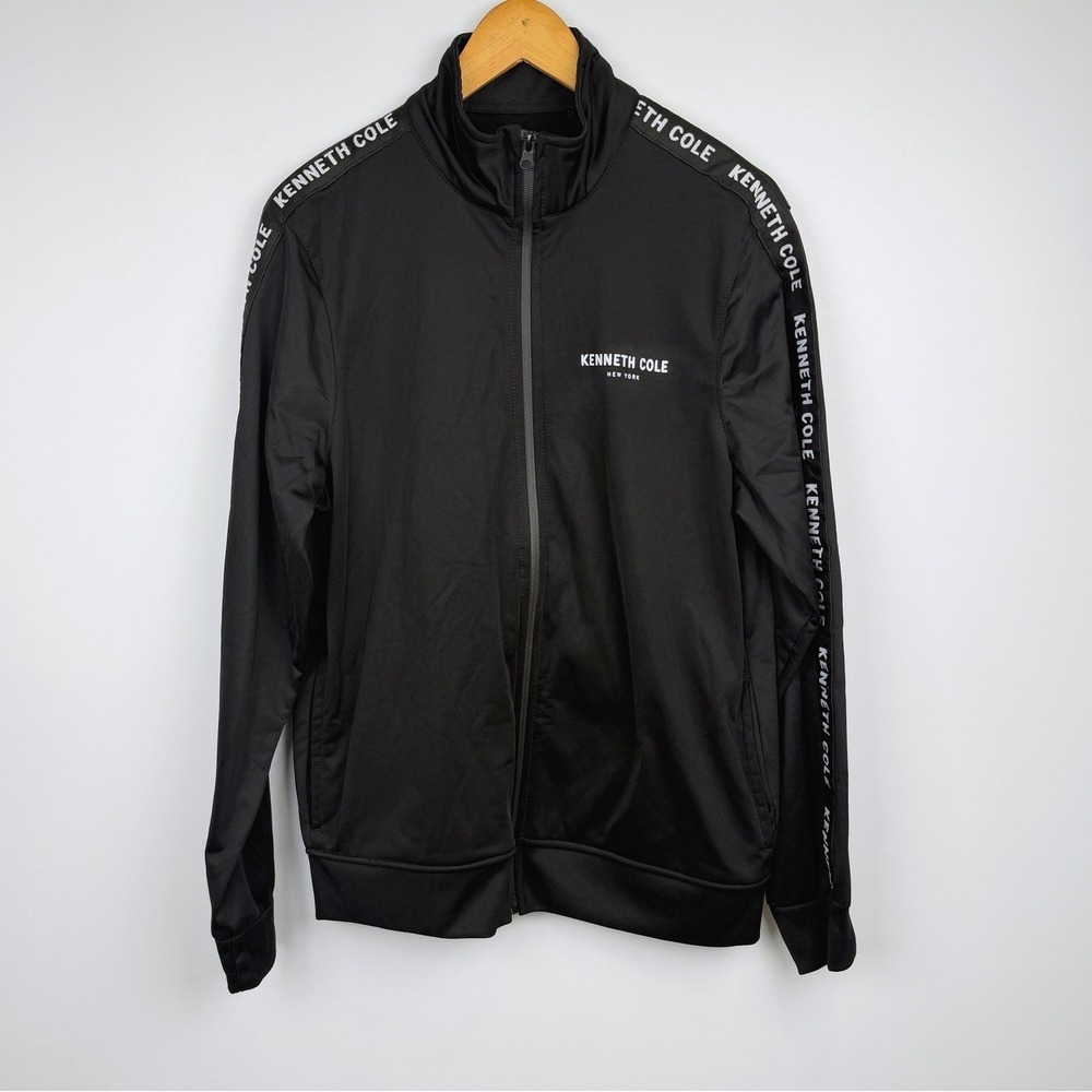 Kenneth Cole Track Jacket Mens M Black Logo Tape Full Zip Athletic Sportswear